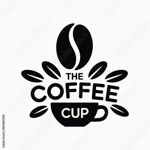 Black and white of a coffee cup with text and coffee beans silhouette vector illustration isolated on a white background. 