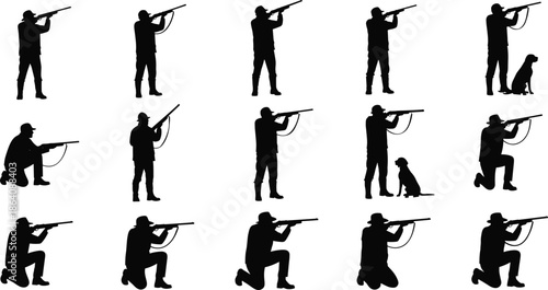 Hunter silhouette collection with rifle shooting poses, standing and kneeling positions, hunting dog companion, outdoor sport concept, black vector illustration