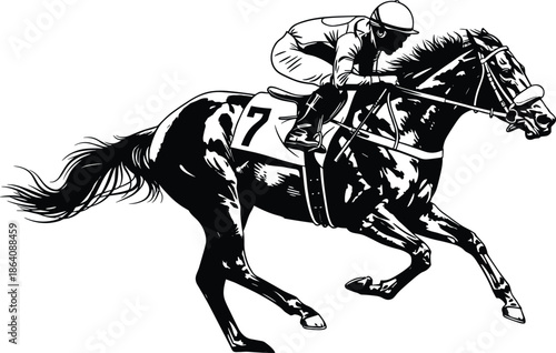 Jockey riding a galloping racehorse with number 7 on a saddlecloth silhouette vector illustration, professional equestrian athlete competing in a high-speed race, winning sport