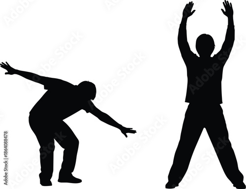 Human silhouette vector, dynamic body movement, stretching pose, jumping jack stance, black and white illustration, fitness, dance, physical activity concept