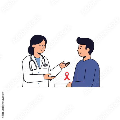 Vector flat design illustration of a doctor discussing a mobile phone with a patient, with a red HIV awareness ribbon on the table, in a simple and informative style.