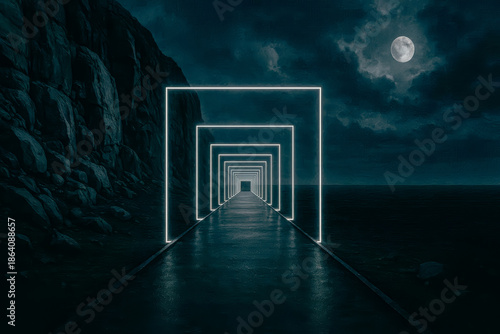 Cyberpunk futuristic gateway with blue neon glowing square frames