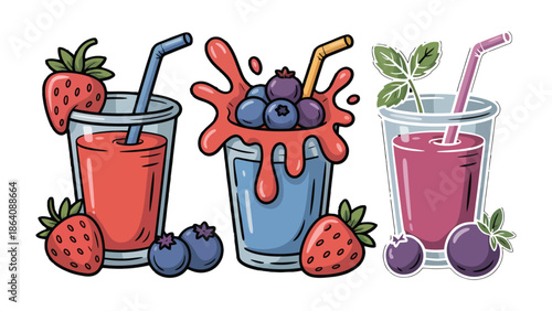 Fruit Smoothie Collection: A refreshing ensemble of vibrant fruit smoothies, each glass bursting with color and flavor, complete with straws and fresh fruit garnishes. 