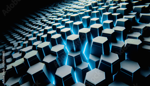 Abstract dark blue hexagonal pillars with glowing neon edges