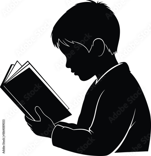  Little boy silhouette reading a book, young child studying or enjoying a story, educational learning concept, black vector illustration isolated on white