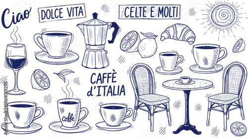 Cafe Coffee Doodle Illustration Set – Hand Drawn Coffee Shop Vector Collection