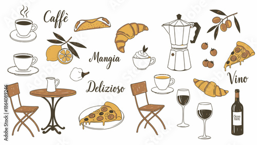 Cafe Doodle Icons Set – Coffee, Food & Bistro Hand-Drawn Symbols for Menu Design