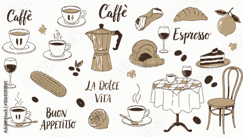 Cafe Doodle Icons Set – Coffee, Food & Bistro Hand-Drawn Symbols for Menu Design