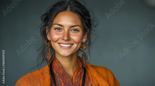 Vibrant Modern Portrait: Smiling Woman in Ethnic Clothing and Bohemian Style
