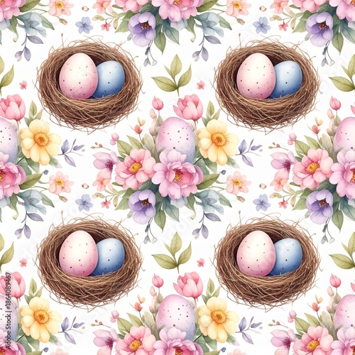 A charming Easter pattern featuring nests with pastel-colored eggs surrounded by vibrant flowers. Perfect for spring and Easter-themed designs. AI