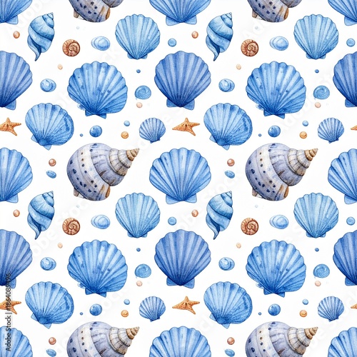  seamless pattern of hand drawn seashells, starfish, and bubbles in soft blue and orange tones. Perfect for coastal themed designs, beach decor, and summer projects.