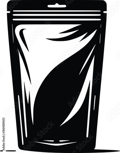 A black and white illustration of a sealed plastic pouch or bag
