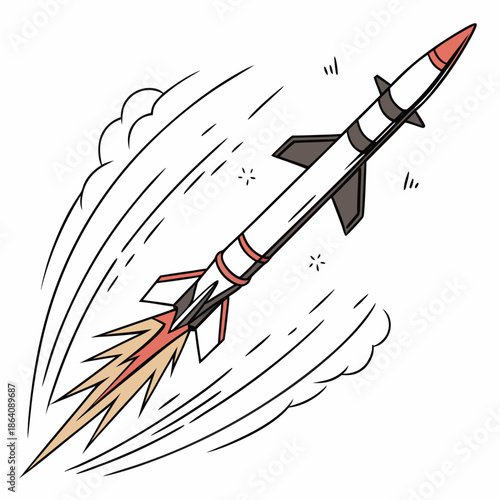 Cartoon missile launching upwards with flames and smoke