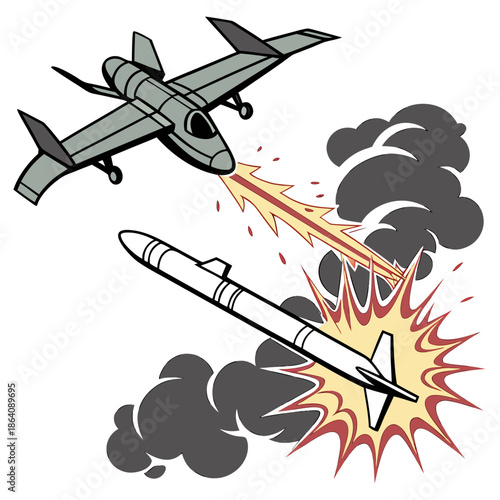 Drone intercepting ground launched missile with explosion