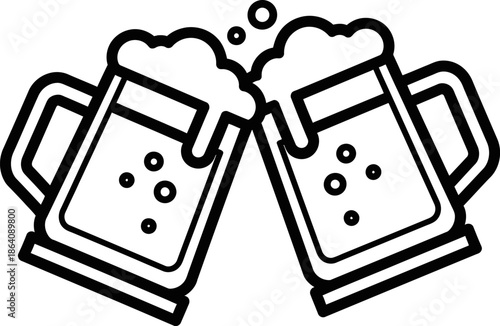 Pair of clinking beer glasses with bubbles and foam vector illustration for party and social event graphics black and white outline style isolated on transparent background design