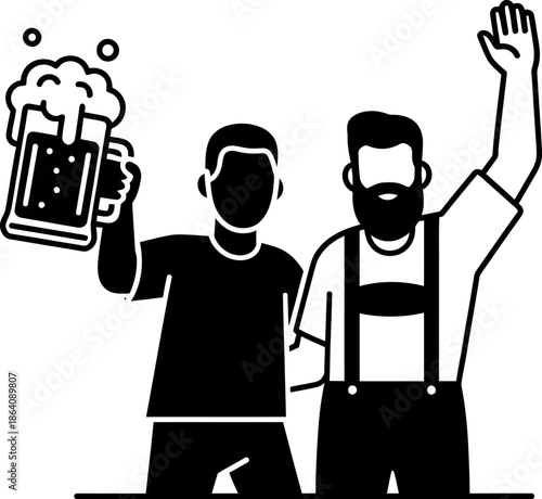 Two happy men celebrating with beer mug and raising hand vector illustration wearing traditional clothes for oktoberfest festival black and white silhouette isolated on background