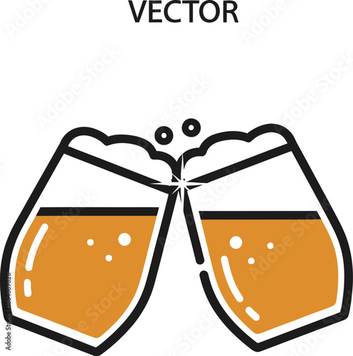 Two beer glasses filled with golden liquid and foamy tops clinking together, celebrating with a bright star effect, vibrant vector art on transparent background
