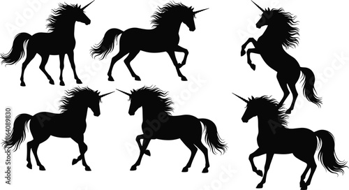 Majestic unicorn silhouette vector set, black mythical horse poses, fantasy creature illustration, elegant mane, magical horn, rearing, standing, galloping, leaping