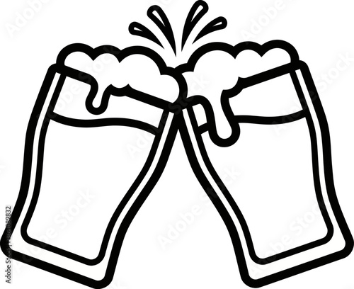 Two beer pints clinking with splashing droplets vector illustration for brewery and pub celebration graphics black and white line art style isolated on transparent background art