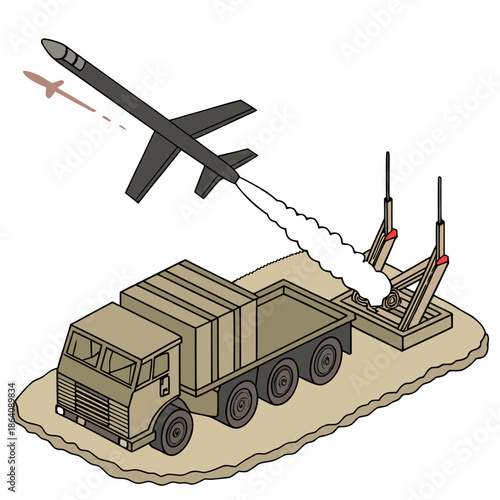 Military truck launching missile to intercept fast drone