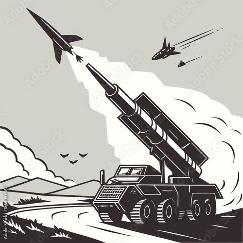 Missile launcher vehicle firing rocket at fighter jet