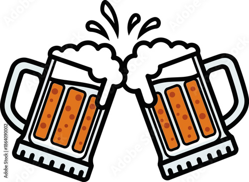 Colorful cartoon vector illustration showing two classic beer steins filled with frothy bubbly amber liquid clinking together in a spirited congratulatory cheer splash