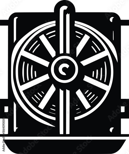 Detailed black and white illustration of a vintage slot machine reel