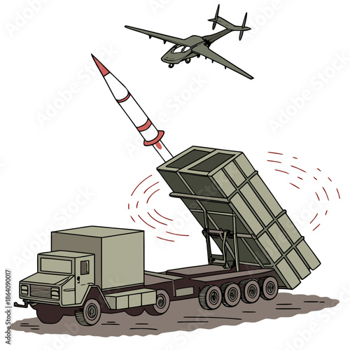 Military truck launching missile intercepting airplane