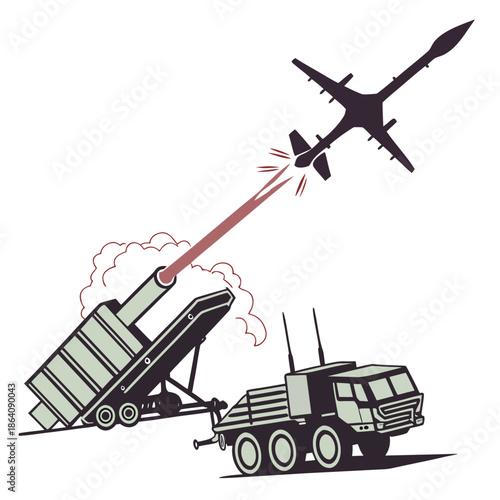 Missile launcher truck firing at drone military