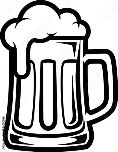 Bold black and white vector outline illustration of a classic german style beer stein overflowing with a large frothy head of foam and condensation ready to drink