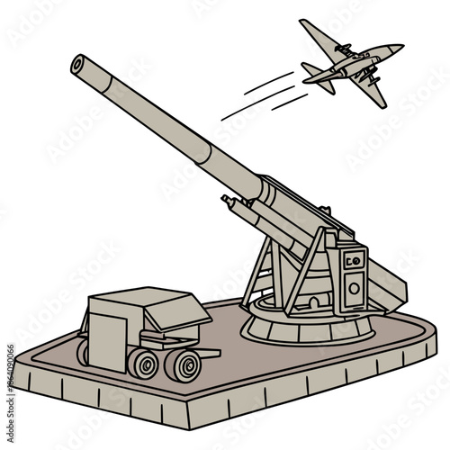 Military defense cannon firing a missile toward a fighter jet