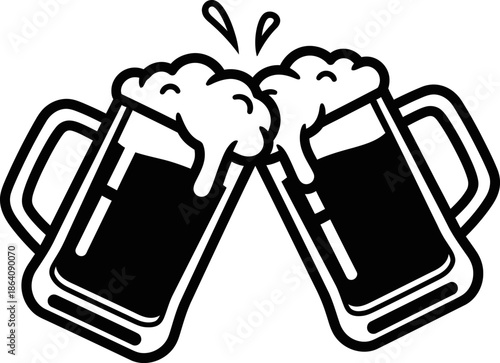 Bold vector silhouette illustration of two traditional beer mugs filled with dark liquid and frothy foam clinking together in a loud celebratory toast and cheerful splash