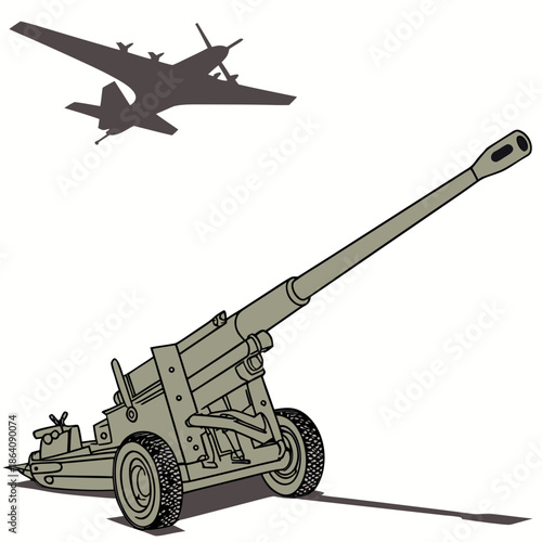 Military defense cannon firing a missile toward a plane