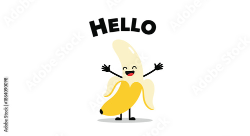 Adorable and friendly cartoon banana character with a happy smiling face and open arms under the cheerful greeting 'HELLO'.