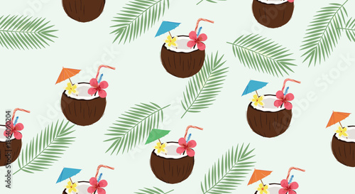 Seamless tropical pattern featuring coconut cocktails decorated with flowers and umbrellas, alongside green palm leaves on a mint background.