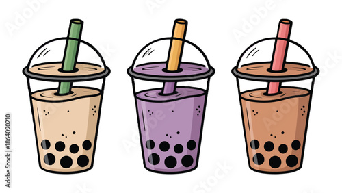 Bubble Tea Trio: A colorful trio of refreshing bubble teas, each offering a unique flavor profile and visual appeal with chewy tapioca pearls and vibrant, colorful straws.