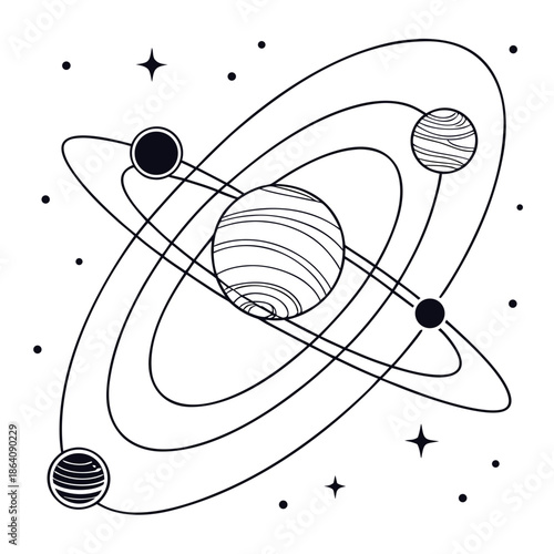 Black and white planetary path visualized as motion wireframe with stars