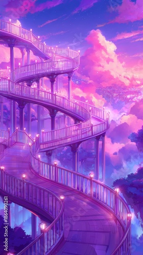 Whimsical Sky Bridge: A captivating image showcases a majestic sky bridge, its graceful curves and ethereal design set against a backdrop of breathtaking cotton candy clouds.