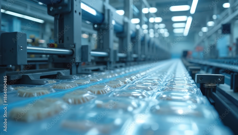 Fototapeta premium Automated packaging line processes food items in clear plastic trays. Machines wrap products on conveyor belt in bright factory setting. Food production and modern industrial automation are evident.