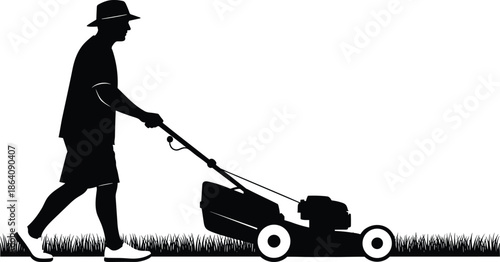 Man mowing lawn silhouette illustration showing gardener pushing lawn mower, outdoor yard maintenance activity, black vector design for landscaping and home care themes