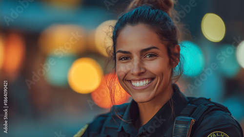 Confident Policewoman Smiling Under City Night Lights: Female Empowerment and Public Safety in Urban Law Enforcement