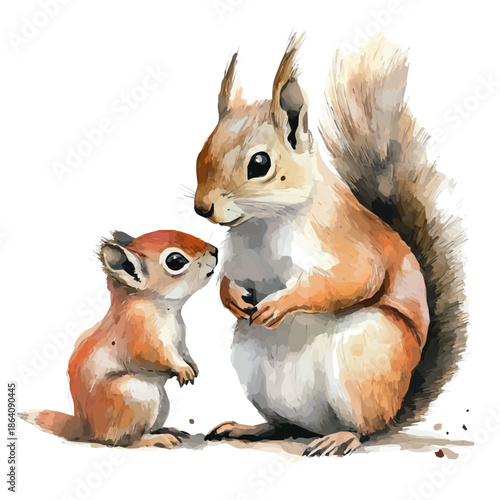 Mother Squirrel With Her Kid, beautiful watercolor illustration with vivid colors and detailed vector style, isolated on a white background.