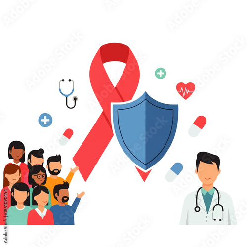 Vector flat design illustration of a diverse group of people, a doctor, and a large red ribbon with a shield, medical symbols, on a white background, conveying health and protection.