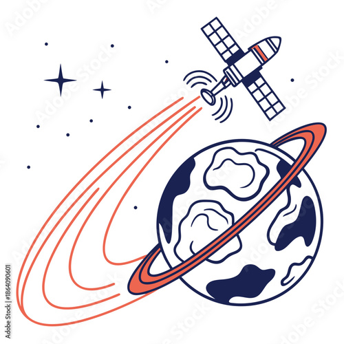 Satellite orbiting planet with energy trail space