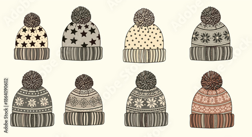 Collection of eight cozy hand-drawn knitted winter beanies with pompoms, featuring various snowflake, star, and geometric patterns.