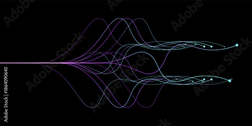 AI Artificial intelligence wave lines neural network purple blue and green light isolated on black background.