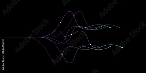 AI Artificial intelligence wave lines neural network purple blue and green light isolated on black background.