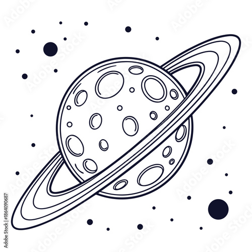 Planet with ring and spots in space black and white