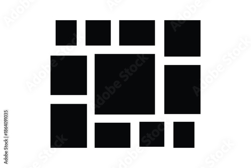 Elegant Black Photo Collage Template with 17 Frames, Futuristic Vector Moodboard Album Layout for Gallery and Portfolio