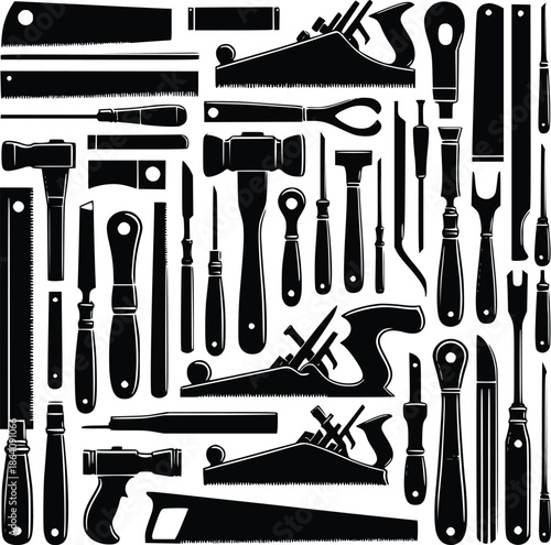 An arrangement of various black silhouette hand tools on a white background